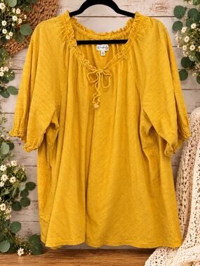 Wonderly Mustard Yellow Boho Peasant Blouse XL NWT Eyelet Ruffle Tie Neck